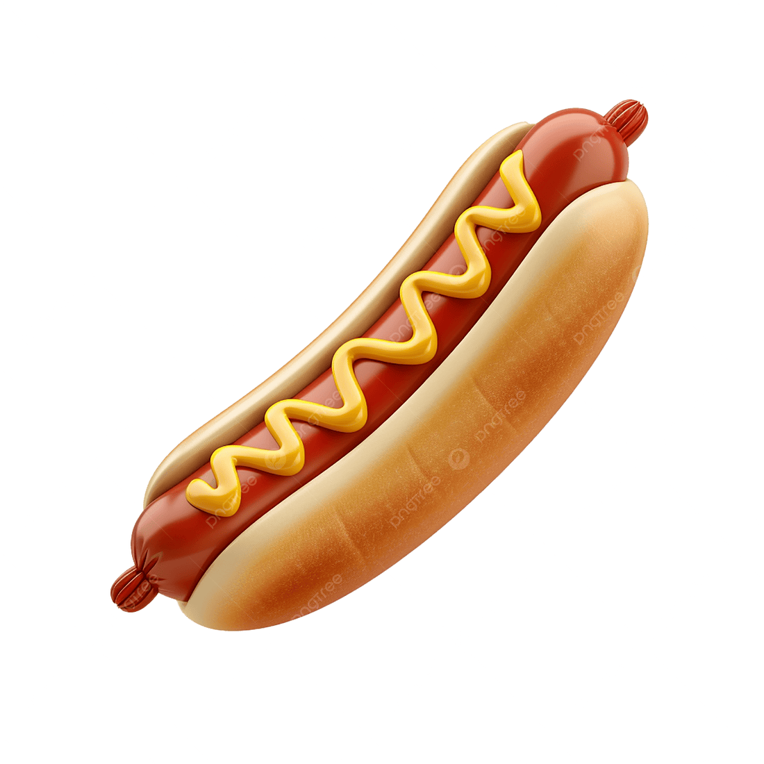 Classic hot dog with sausage in a toasted bun topped with zigzag mustard