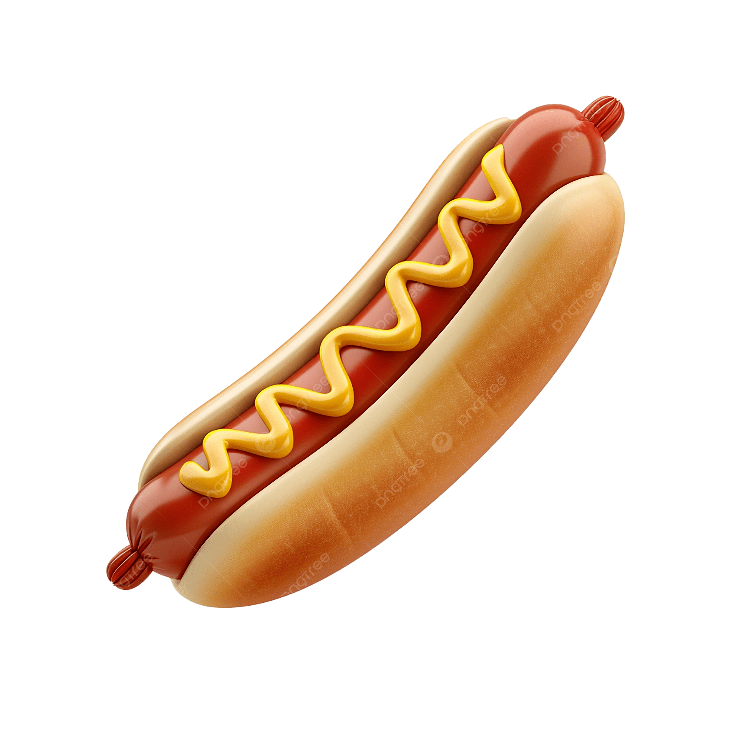 Classic hot dog with sausage in a toasted bun topped with zigzag mustard