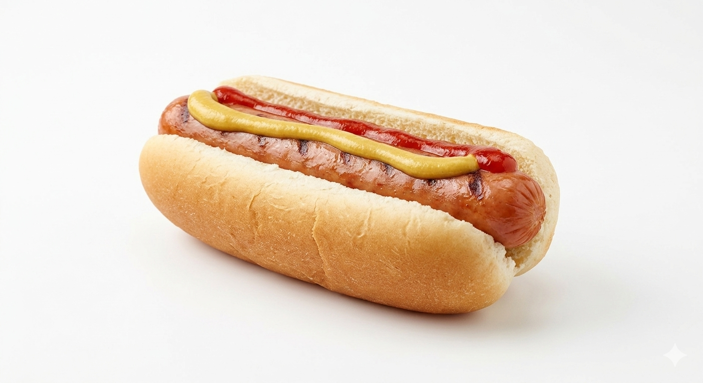 Classic grilled hot dog in a bun with ketchup and mustard
